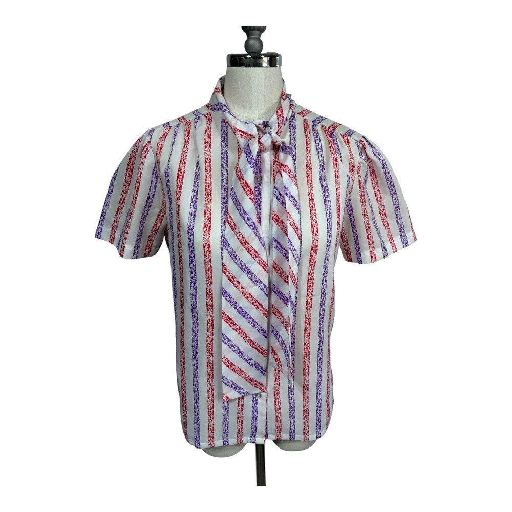 Judy Bond Red Purple Stripe‎ Bow Blouse Vintage Secretary Top Women's 10
